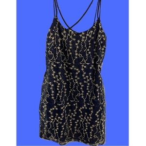 Bebe navy blue mini cocktail dress, embroidered tulle lace, spaghetti straps.EUC
